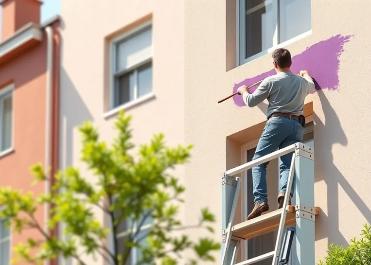 Peintre sur échafaudage traitant la façade d'une maison