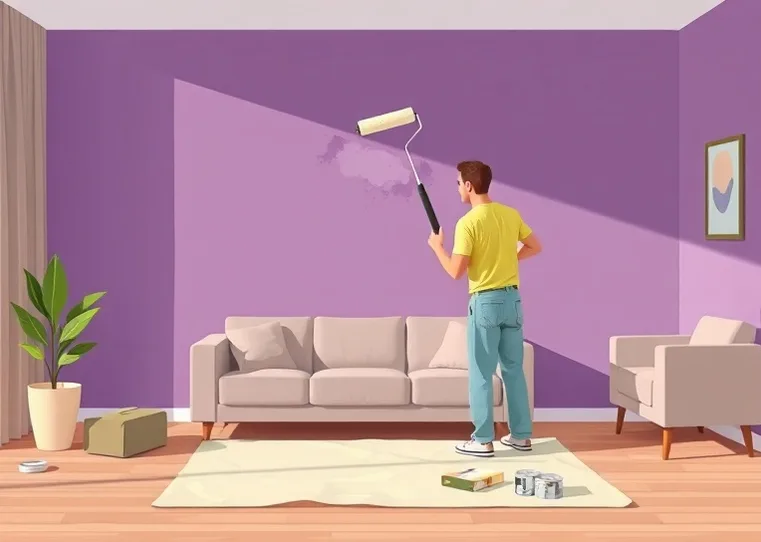 Peintre appliquant la peinture au rouleau sur un mur de salon